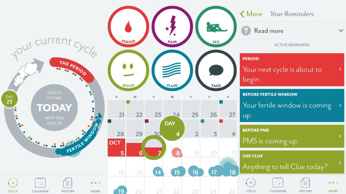 Clue: You may enter data about your period, pain, mood, sexual activity, and menstrual symptoms, like low energy levels and insomnia.