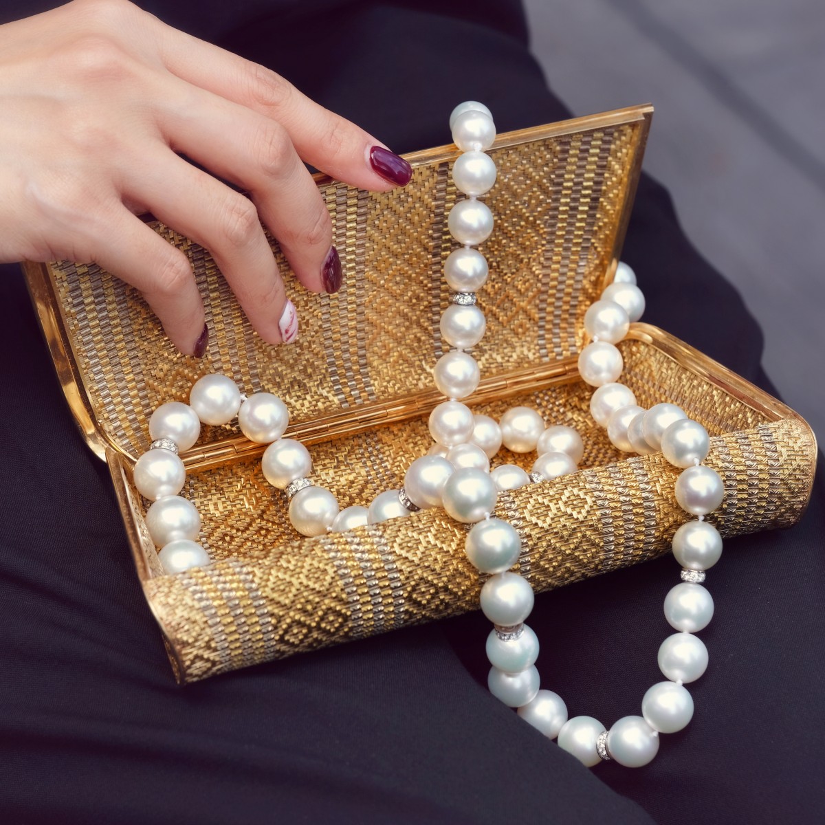 Australian Pearl Necklace with Diamonds, Gold Clutch