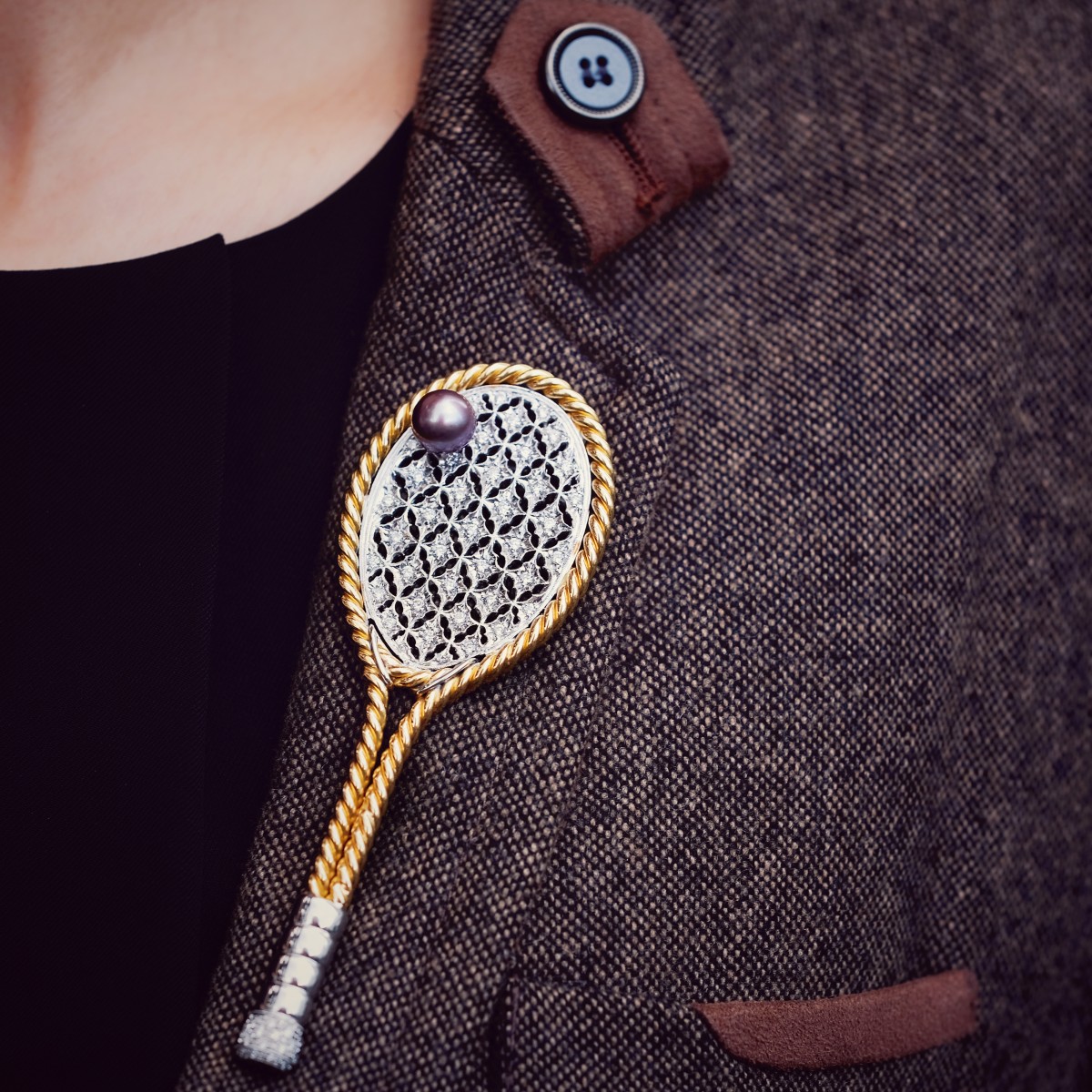 Vintage Brooch - White Gold Tennis Racquet with Pearl, Diamonds