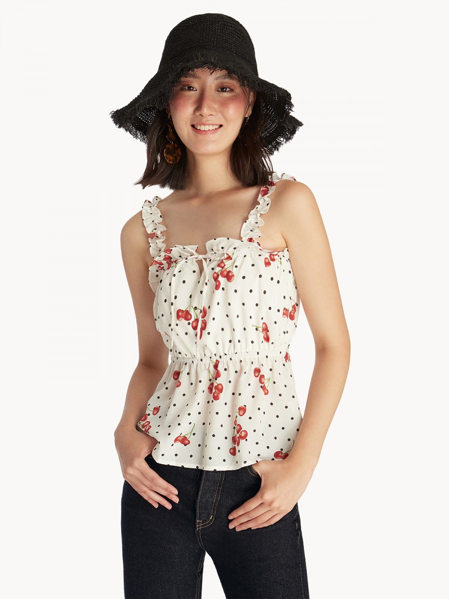 Frilled Cherry Print Tank Top - White (SGD19.20)_2