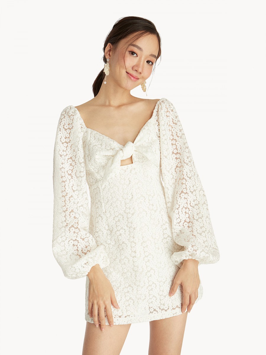 Mini Embroidered Puff Sleeves Dress - White (SGD51.20)_1
