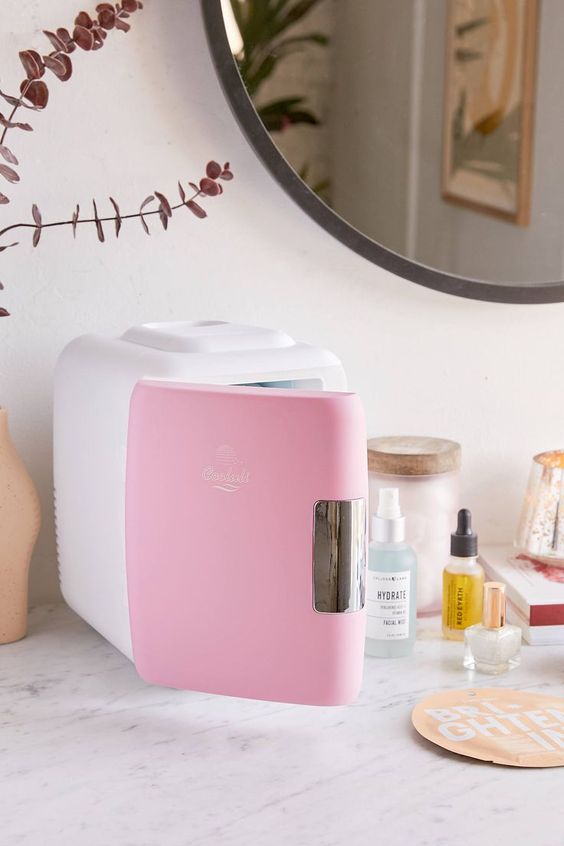 Mini fridge on vanity table