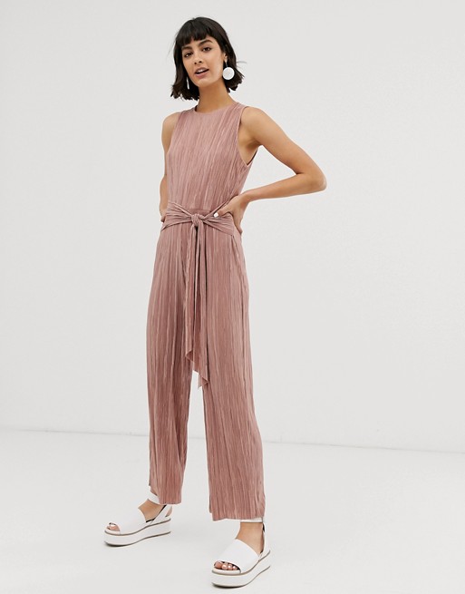 ASOS DESIGN sleeveless plisse tie front jumpsuit