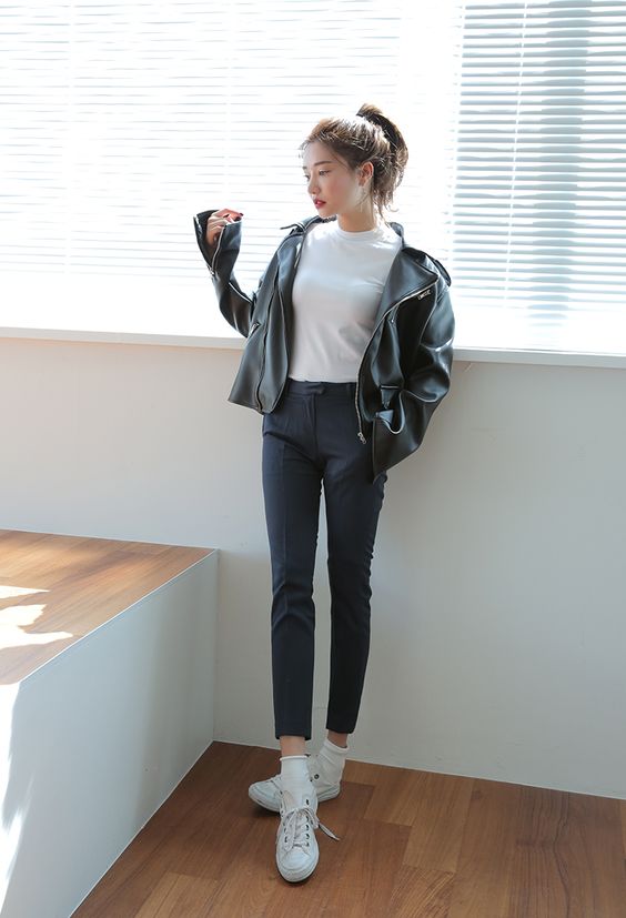 Leather jacket paired with pants