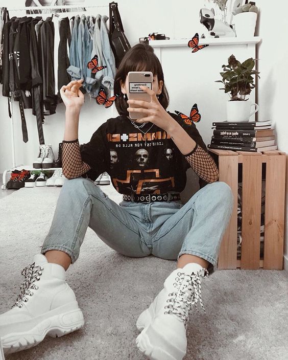 band tee with jeans and sneakers