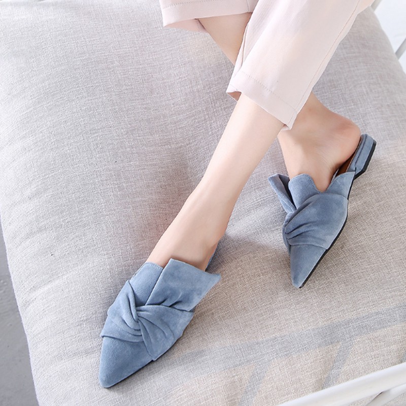 Women Big Bowie Tie Mules Ladies Flock Pointed Toe Slippers