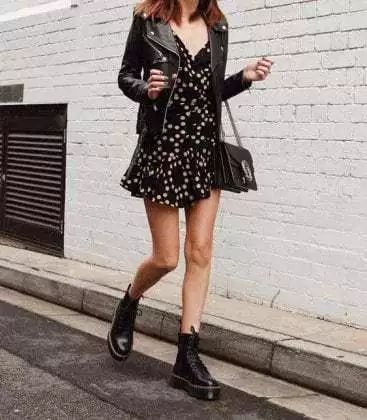 leather jacket and dress with boots