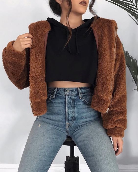 Brown cropped furry jacket