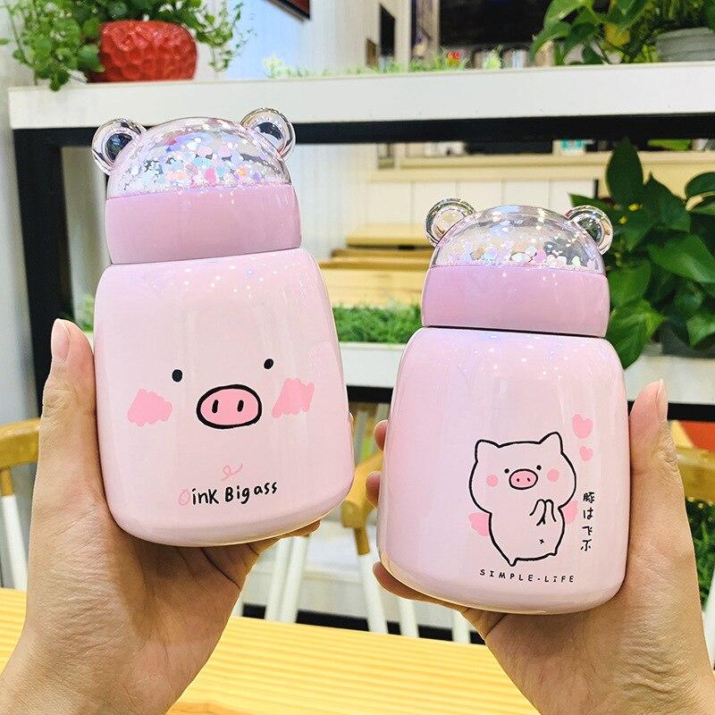 300ml Cartoon Pig Thermos Bottle for Kids Vacuum Flasks Bling Thermoses Water Bottle Cute Coffee Mug Insulated Thermocup