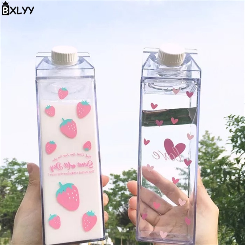 Cute Sakura Strawberry Water Bottle Milk Box Shape Transparent Plastic