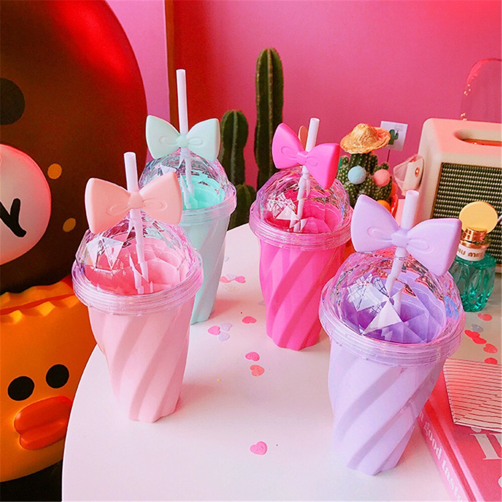 New Plastic Lovely Bow Straw Cup Sealed Lid Straw Cup Bottle for Girls in pink, blue, dark pink and purple