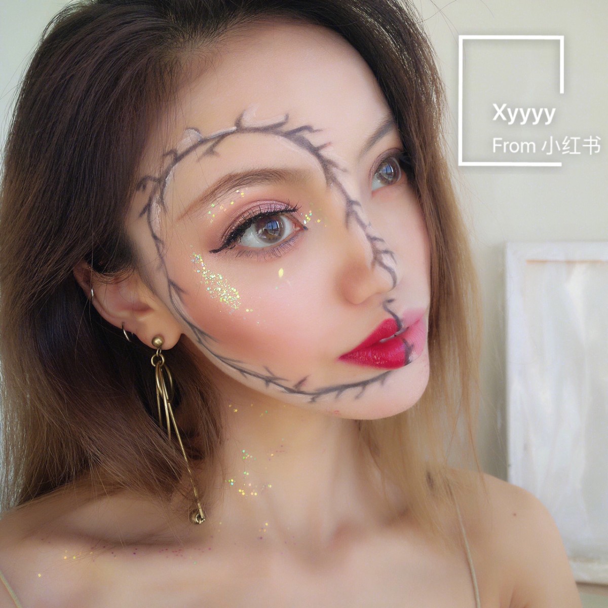 Close up of cracked halloween makeup look