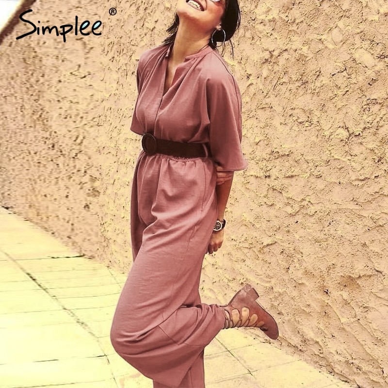 Simplee Sexy deep v-neck women jumpsuit romper Elegant office ladies belt jumpsuit Solid soft chic female playsuit long overalls