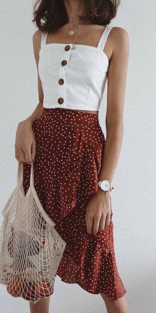 white sleeveless button top polka dot skirt