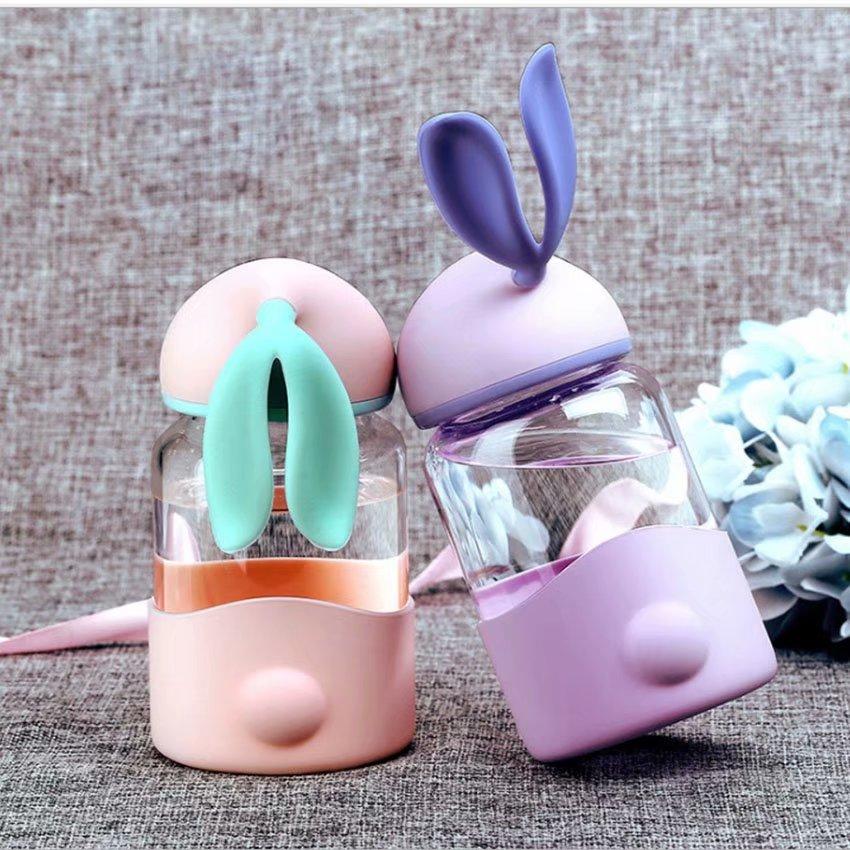 Portable Cute Drinking Glass Water Bottle Leakproof Anti-scalding Cup Clear Water Container with rabbit ears