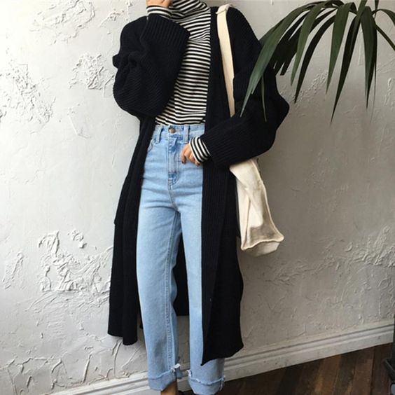 Girl in black long cardigan