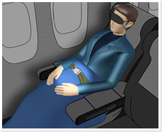 illustration fo a man wearing an eye mask on a plane with his seatbelt buckled over the blanket