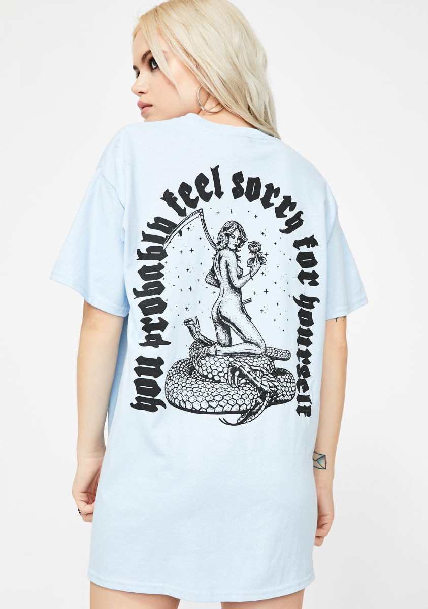 girl wearing a blue BROKEN PROMISES CO Sympathy Graphic Tee