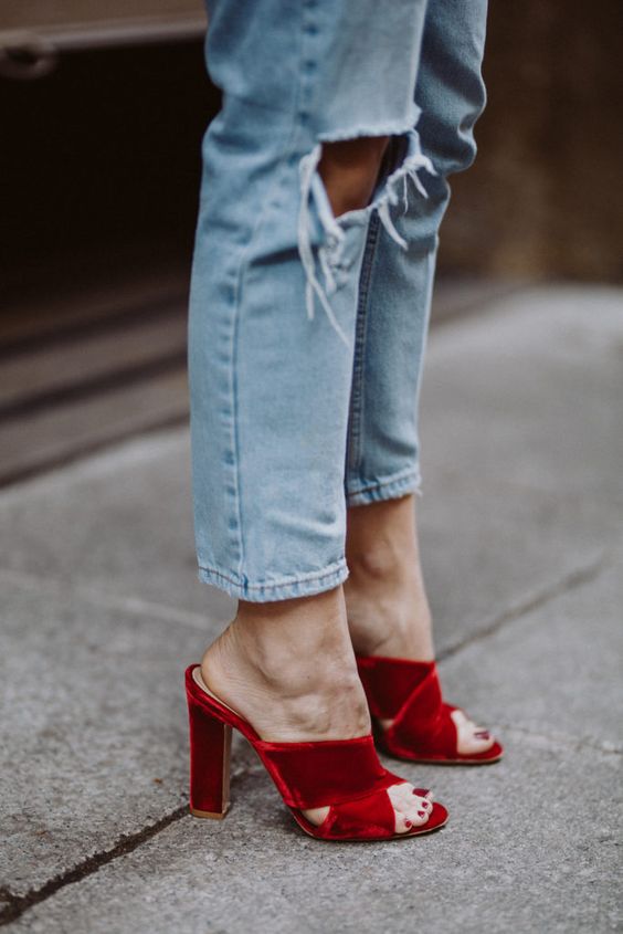 Red open toe heeled mules