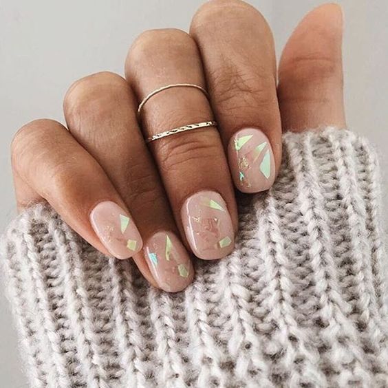 nude nails with shattered glass effect