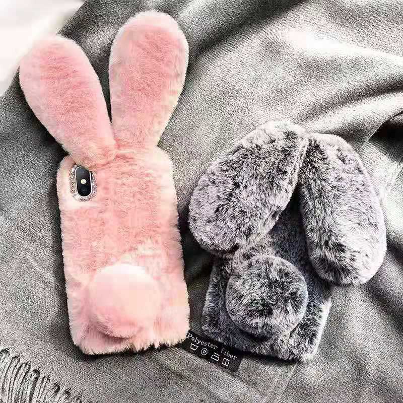 Boucho Plush Warm Phone Case for iPhone XS Max XR X 11 Pro Max Rabbit Ears Furry fluffy Fur Cover for iPhone 6 6S 7 8 Plus Cases