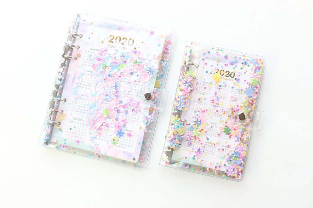 Domikee cute transparent PVC sequins cover office school 6 rings binder spiral planner agenda organizer