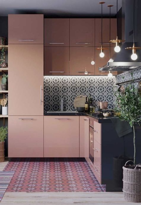 pink kitchen with tiled backsplash and tiled floors