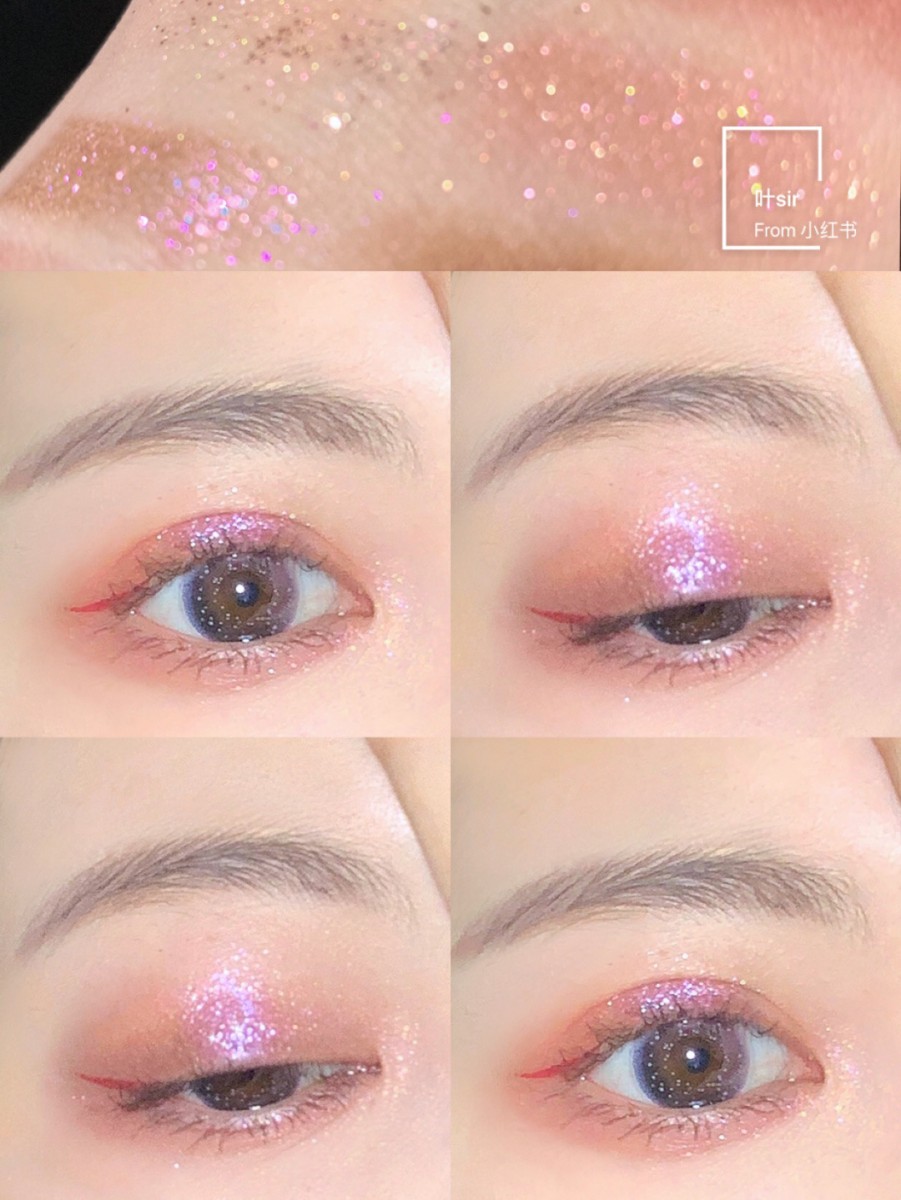 Close up of pinkish purple glittery eye makeup