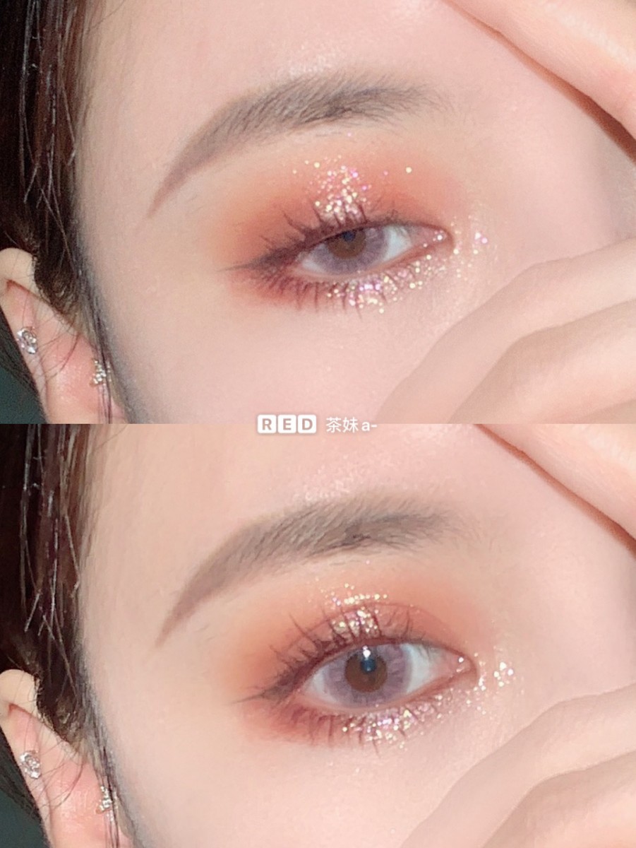 Orangey brown glittery eye makeup