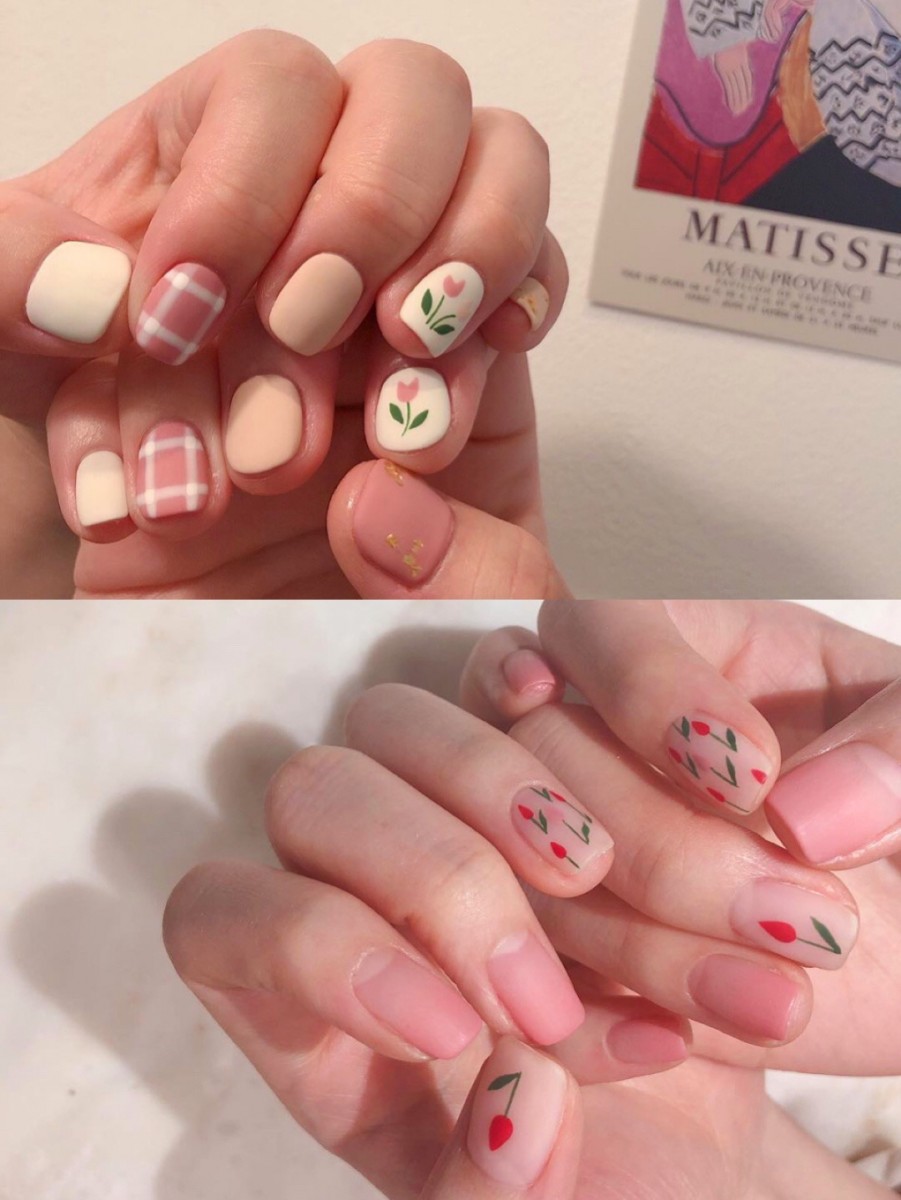 Pink matte nails with flower designs