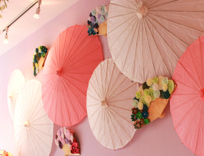 pink and white paper fans at Asakusa Tsuno Koi