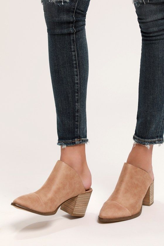 Beige covered heeled mules