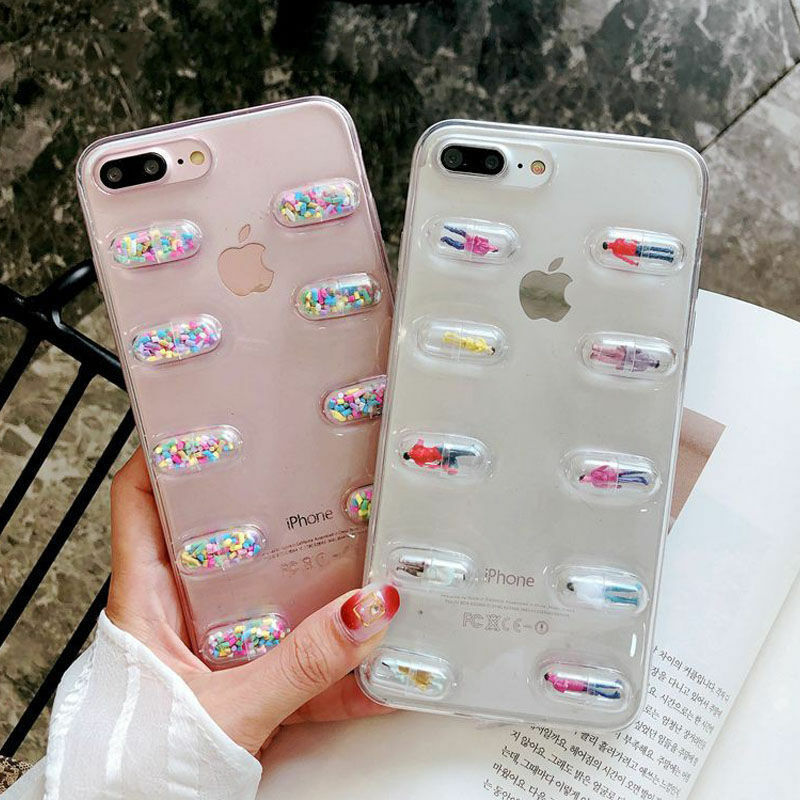 iPhone 6 6s Plus 7 8 Plus X 3D Pills Doll Phone Case TPU Transparent Full Cover