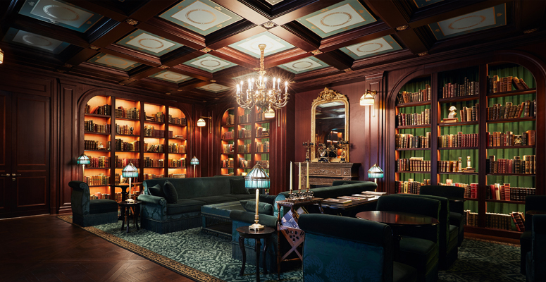 Overview of the library in L'Escape Hotel
