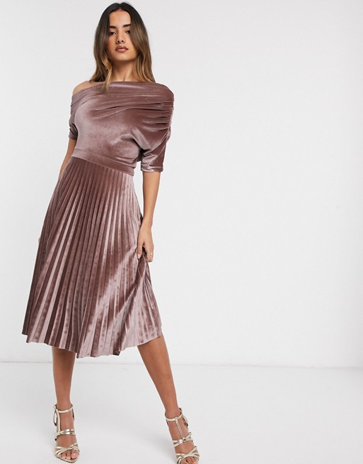 ASOS DESIGN Fallen Ruched Shoulder Pleated Midi Dress