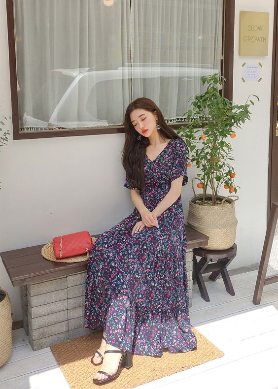 asian girl wearing a maxi dress 
