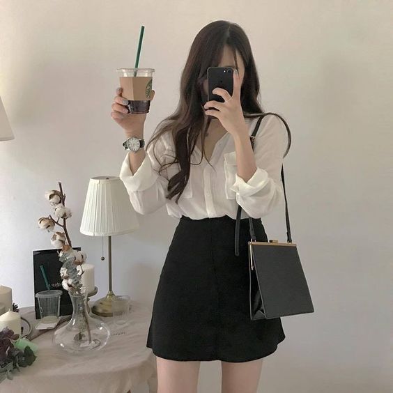 white blouse black skirt