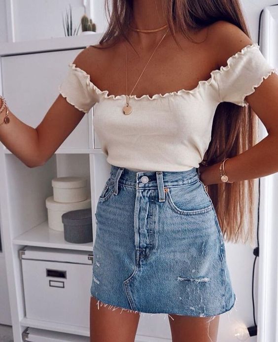 white top denim skirt
