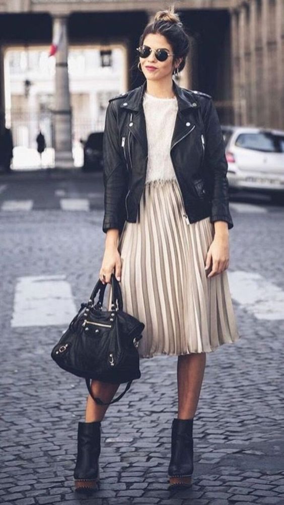 Leather jacket with light brown midi skirt
