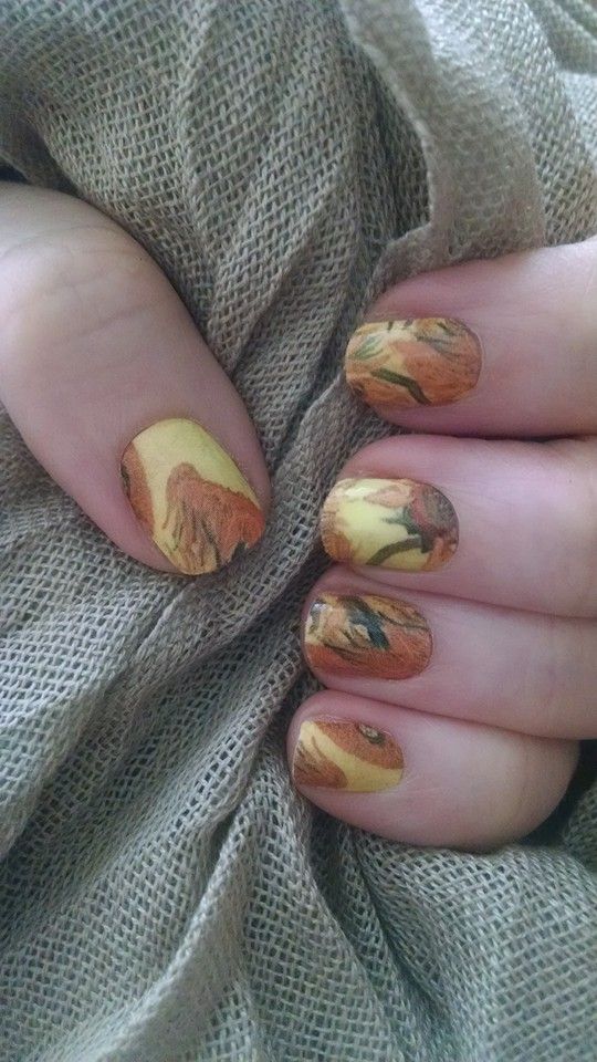 nail art inspired by famous painting Sunflowers by Vincent Van Gogh