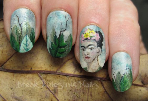 nail art inspired by famous painting Self-Portrait with Thorn Necklace and Hummingbird by Frida Kahlo