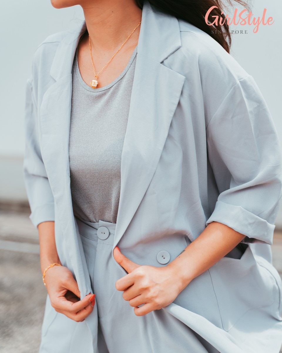 grey outfit with citigems 916 Gold Abacus Pendant