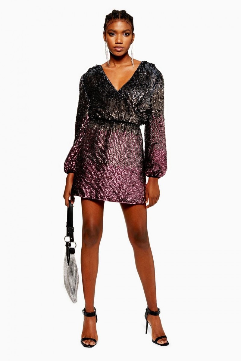 TOPSHOP Ombre Sequin Wrap Dress 
