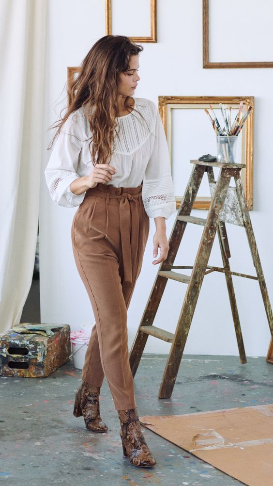 white blouse brown pants