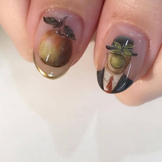 nail art inspired by famous painting The Son of Man by René Magritte