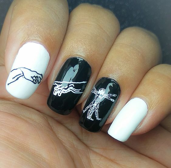 nail art inspired by famous painting Touch of God & The Vitruvian Man By Leonardo da Vinci 