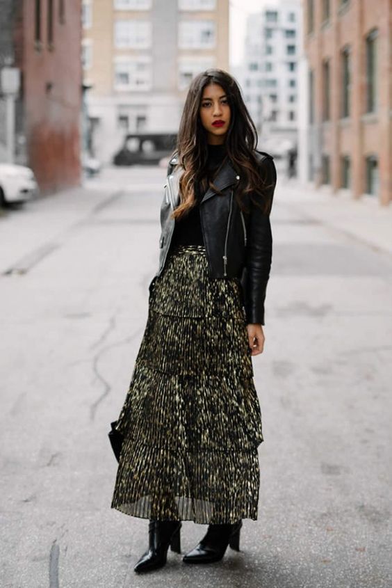 Leather jacket with green maxi skirt