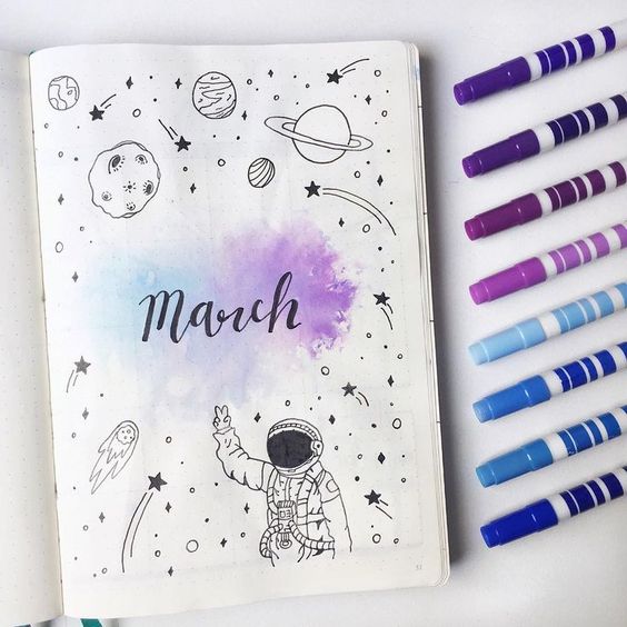 March watercolour astronaut design for planner
