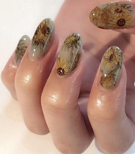 nail art inspired by famous painting Sunflowers by Vincent Van Gogh