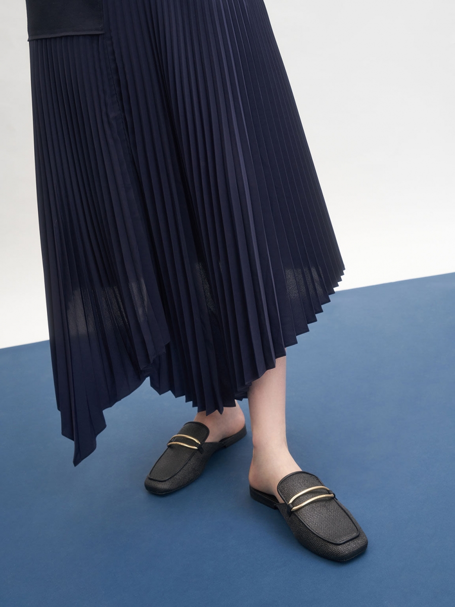 charles and keith Raffia Metallic Buckle Loafer Mules - Black